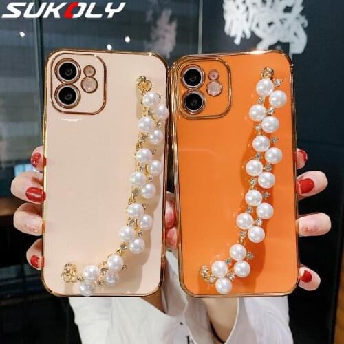 Pearl Hand Strap Phone Cover For iPhone 12 mini 11 Pro Max XR 8 7 Plus SE 2020 Pearl Bracelet Case Cover For iPhone 12 Pro Max
