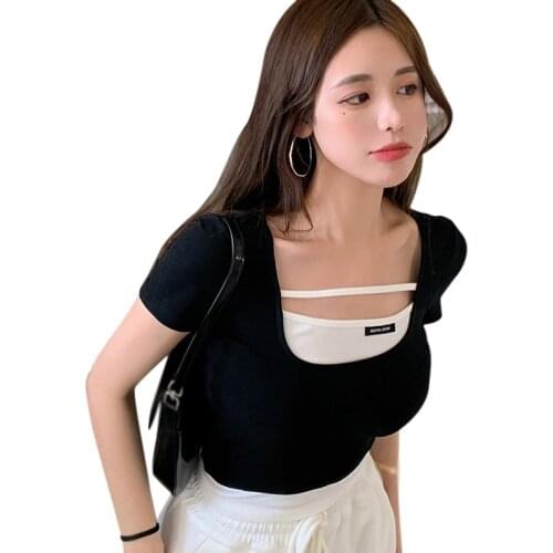 Womens Square Neck Tee Shirt Summer Slim Exposed Navel Knitted Short Sleeve T-Shirt Top