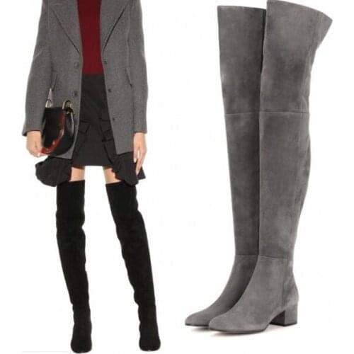 Spring New Woman Matte Gray Brown Black Over The Knee Boots Square Low Heels 30 mm Slim Thigh High Boots Lady Plus Size 48