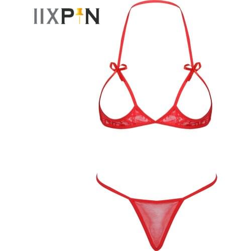 Womens Lace Bowknot Bikini Lingerie Set Two-Piece Erotic Sexy Suit Nightwear Open Cup Halter Neck Hot Bra with G-string Briefs