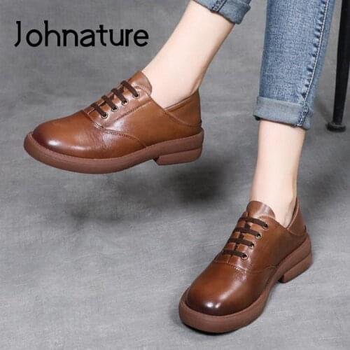 Johnature Retro Pumps Women Shoes Genuine Leather 2021 New Spring/Autumn Lace-Up Handmade Concise Shallow Leisure Ladies Shoes