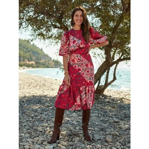 Women Red Floral Printed Midi Ruffled Skirt Blouse Two Piece Set Spring Summer Beach Holiday Casual Bohemian Style 2021 New