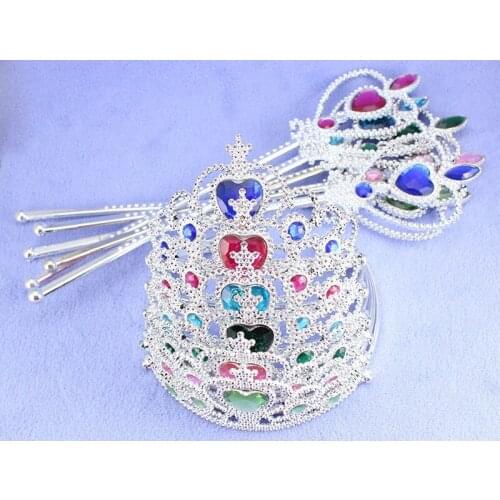 10set/lot Silver Princess Crystal Tiara Crown Headband Hair band Heart Scepter Stick Set Party Costume Birthday Decor Favor