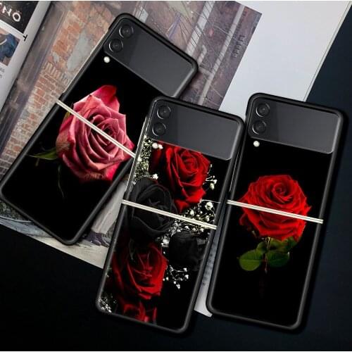 Case For Samsung Galaxy Z Flip 3 5G Funda ZFlip3 Luxury Black PC Hard Shockproof Back Phone Coque Shell Bright Red Rose Flowers