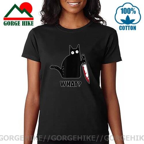 Black Cat With Knife Tshirt Women Novelty Murderous Cat Animal T-Shirts Humor Pure Cotton Pet Kitten Tee Shirts Funny Streetwear