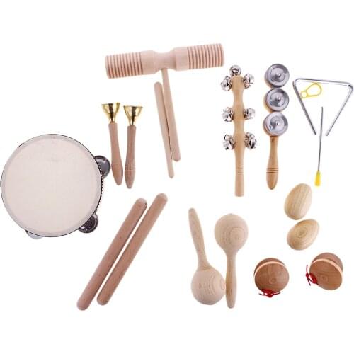 Kids Wood Hand Percussion Instrument Set Sand Maraca Shaker Tambourine Drum