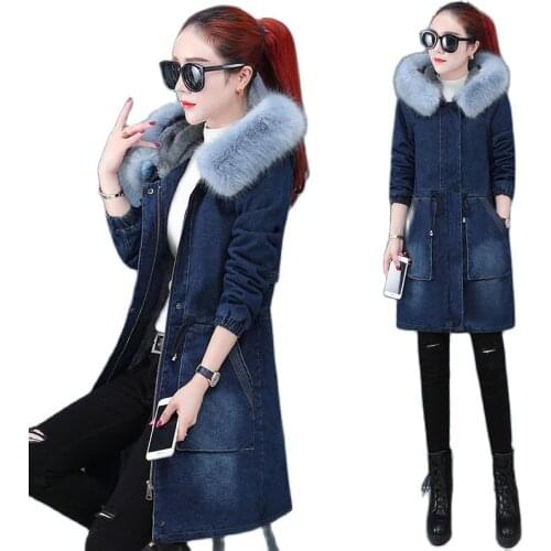 Denim Jacket Parka Women Autumn Winter2021 Plus Velvet Mid-Length Cowboy Coat Ladies Cotton-Padded Outwear Hooded женская куртка