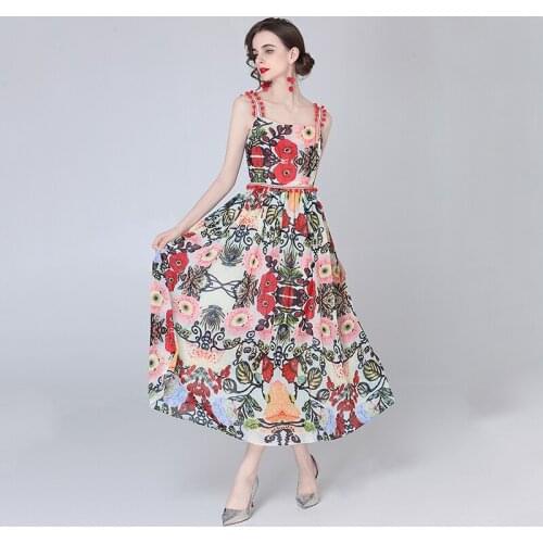 JSXDHK 2021 New Summer Holiday Maxi Dress Runway Womens Chiffon Flower Print Ball Spaghetti Strap Sexy Backless Boho Long Dress