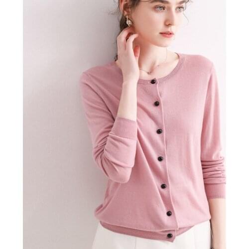 Fashion all-match wool knitted cardigan solid color round neck long-sleeved cashmere sweater ladies spring and summer new coat