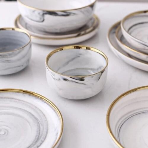 Phnom Penh Marble Pattern Series Ceramic Bowl Dinner Noodles Rice Porcelain Plate Family Soup Tableware Set