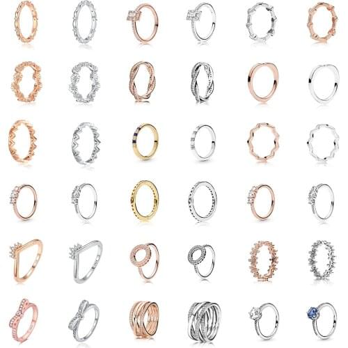 925 Sterling Silver Rose Gold Finger Ring Charms Snowflake Love Heart Princess Crown Finger Ring For Women Wedding Party Jewelry