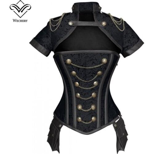 Steampunk Corset Top Cosplay Costumes Chain Gothic Gorset Party Bustiers Jacquard Overbust Corsets Shoulder Cover Black and Red