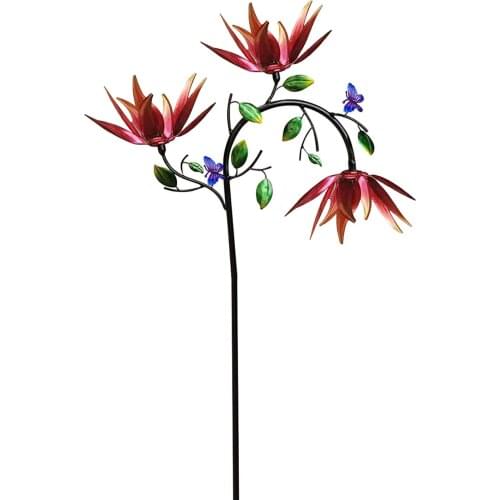 Metal Flower Windmill Decorative Spinning 3 Flowerheads Windmill Stake Standing Garden Butterflies Flower Wind Spinner Ornament