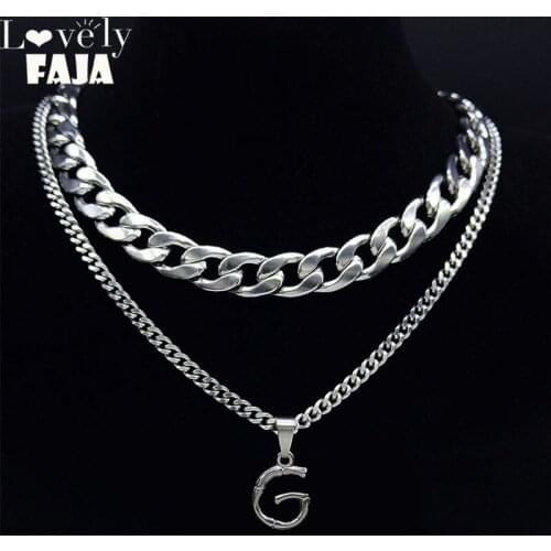 2PCS Punk Letter G Stainless Steel Layered Chain Necklaces Men/Women Silver Color Jewelry Punk Collar Acero Inoxidable NK82S03