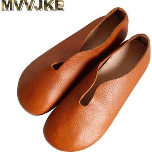 MVVJKE 2018 Women Shoes Summer Spring Genuine Leather Loafers Casual Solid Slip-On Round Toe Handmade Flats E188