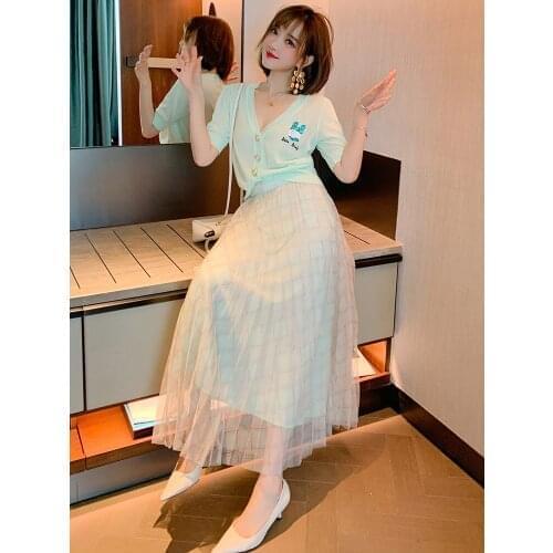 Tall waist plaid printed pleated long gauze new skirts in summer