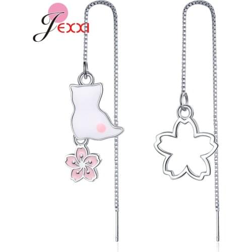 New Fashion Long Temperament Earrings Asymmetric Cat Flowers Earrings Sweet and Tender Style For Women Party Jewelry Gift