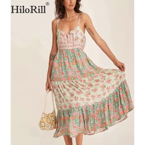 HiloRill Sexy Spaghetti Strap Beach Dress Women Floral Print Sleeveless Holiday Summer Dress Ladies A Line Backless Midi Dresses