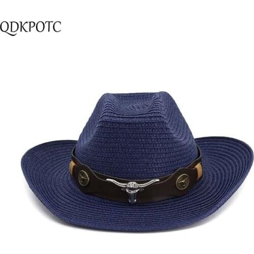 QDKPOTC 2019 Western Cowboy Hats For Men Women Summer Straw Hats Jazz Cap National style Wide Brim hat Beach by the sea Sun Cap