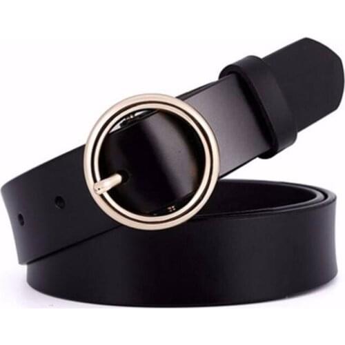 2019 Women 100% Genuine Leather Belt High Quality Gold Round Buckle Belts For Women Fashion Wide Luxury Jeans Stripes Ceinture