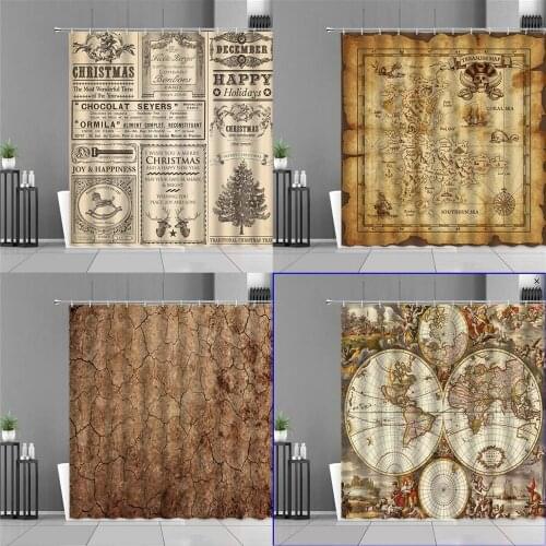 Retro World Map Old Newspaper Pattern Shower Curtains Waterproof Bathroom Decor Bath Curtain Home Background Wall Cloth Screen