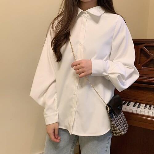 Lantern Sleeve Elegant Shirt White Black Sexy Button Vintage Turn Down Collar Ladies Shirt Female Loose Solid Casual Shirt 888B