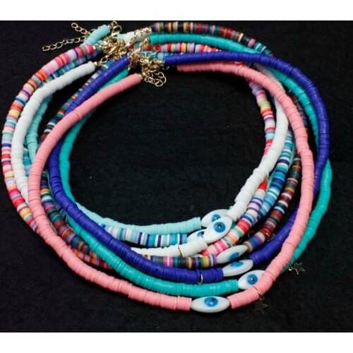 Evil Eye Polymer Clay Choker Necklace 2021 New Trendy Metal Star Charm Colorful Polymer Clay Disc Beads Necklace Jewelry