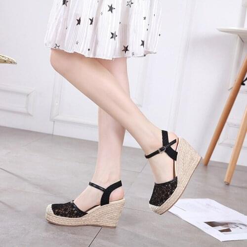 New Hot Lace Women Shoes Wedges Fashion Buckle Strap Sandals Women Ladies Shoes High Heels Handmade Straw Sandals Shoes Woman