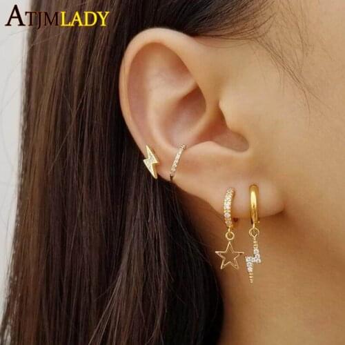 100% 925 sterling silver Lightning bolt stud earring gold filled white cz paved simple minimal declicate studs for girls jewelry