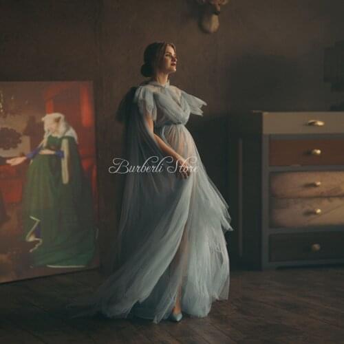 Chic Blue Tulle A-line Maternity Dress To Photo Shoot See Thru Ruffles Soft Mesh Pregnancy Gowns Fashion Party Dress