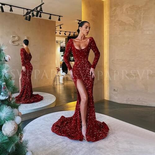 Long Sleeve Mermaid Evening Dresses 2020 Real Picture Front Slit Burgundy Sequin African Formal Gowns