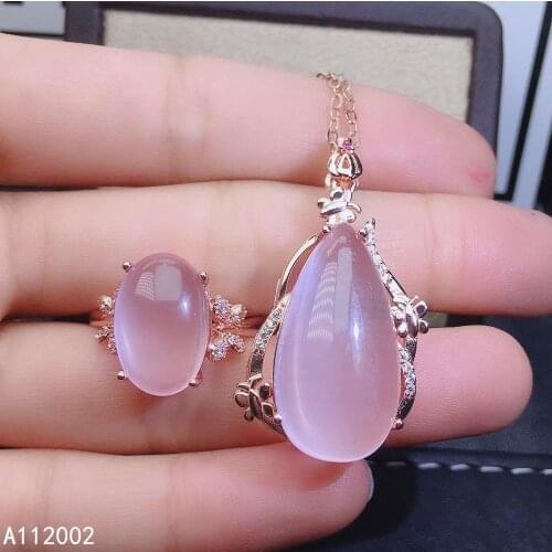 KJJEAXCMY fine jewelry natural Rose Quartz 925 sterling silver women gemstone pendant necklace ring set support test elegant