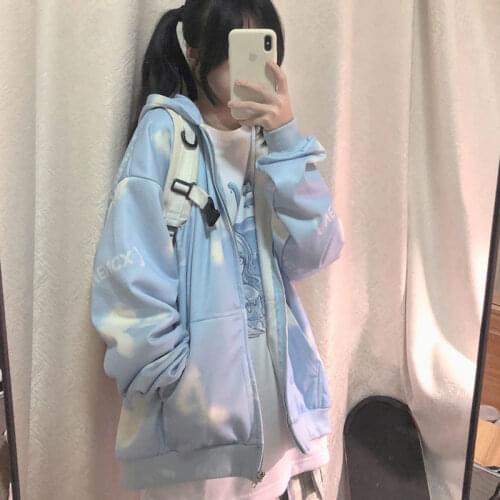 2021 new blue sky white clouds cardigan jacket female JK cute couple wear spring and autumn hooded plus velvet sweater tide