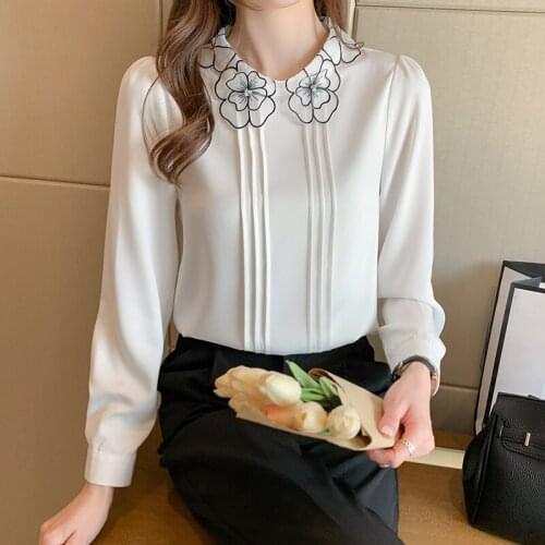 Autumn Womens Chiffon Shirt Embroidered Lapel Bow Puff Sleeve Top Fashion Womens Blouse Blusa Plus Size