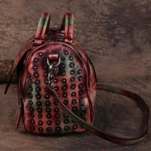 Women Top Quality Retro Printed Handbag Big Totes Ladies Cowhide Real Leather Shoulder Boston Bags Vintage Rivets Crossbody Bag