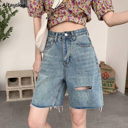 Women Shorts Denim High Waist Hole Solid Wide Leg Summer Fashion Korean Style Soft Leisure Streetwear College Female Pockets BF