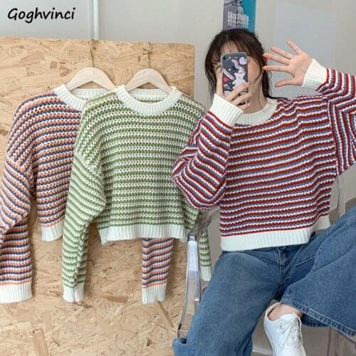 Women Pullovers Autumn New Striped O-neck Batwing Sleeve Lazy Loose Knitted Sweaters Students Casual Warm Korean Style Ulzzang