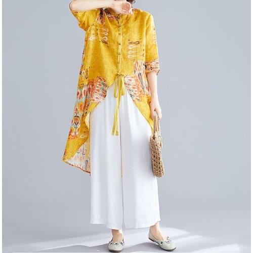 2020 Womens Summer Set fashion Asymmetrical Print Shirts Top + Cropped Pants Suit Female Loose Casual Costumes 2 Piece Sets