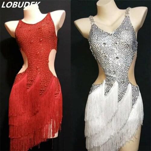 Women Latin Dance Costume Red Silver Rhinestones Tassel Dress High-end Competition Dance Dress Dance Team Performance Stage Wear