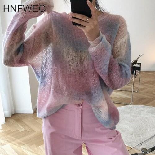 Tie Dye Casual Sweater For Women O Neck Long Sleeve See Through Korean Lazy Loose Tops Female 2020 Fall Fashion New Tide K623