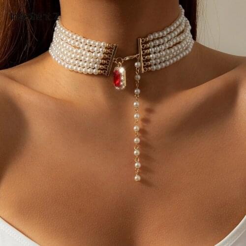 2021 New Multi Row Pearl Choker Necklace Statement Red Color Rhinestone Crystal Pendant Necklaces for Women Jewelry Gift