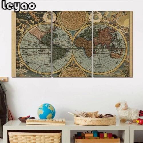 3 Piece Diamond Art World Map Diamond Painting Vintage Continent Wall Pictures for Living Room Home Decor Free Shipping Triptych