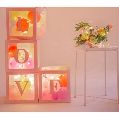 4Pcs/lot Plastic Transparent Cube Balloon Box With "Baby/Love"Sticker Organizer For Baby Shower Wedding Birthday Boy Girl Gifts