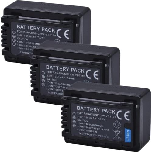 3Pc 1950mAhVW-VBT190 VBT190 VW-VBT380 VBT380 Battery for Panasonic HC-V110, HC-V130, HC-V160, HC-V180, HC-V201, HC-V250,HC-V260