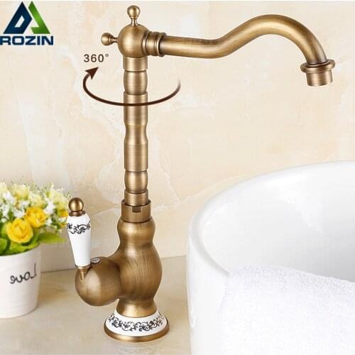Antique Basin Vanity Sink Faucet Rotate Spout Deck Mount Hot Cold Mixer Water Tap Ceramic Handle Bathroom Kitchen Crane Cock