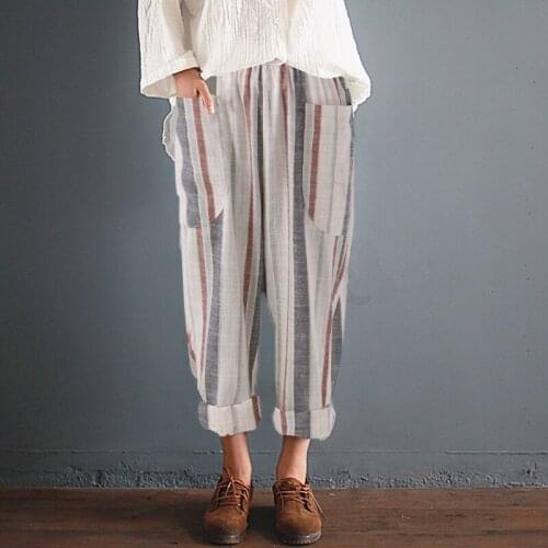 2020 Women Harem Pants Autumn Warm Vintage Cotton Linen High Waist Stripe Loose Plus Size 5XL Trousers Pencil Pants Streetwear