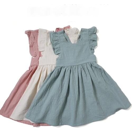 Kids Cotton Linen Flying Sleeve Backless Solid Color Princess Party Dress Korean Style Summer Baby Girls Casual Fashion Dress