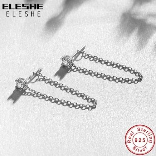 ELESHE New Arrival 100% 925 Sterling Silver with Clear CZ Long Chain Stud Earrings For Women Jewelry Gift