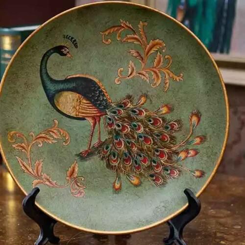 European Creative Ceramic Decorative Plate Peacock Pendulum Plate Pastoral Flower Bird Accessory Plate Decor Porch Wine Cabinet