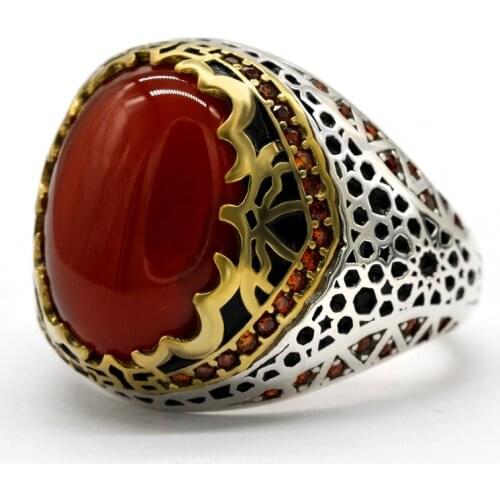 New Style Sterling Silver Vintage Classic Agate Ring Mens Gift Wedding Ring Unisex Ring S925 Sterling Silver Red Agate